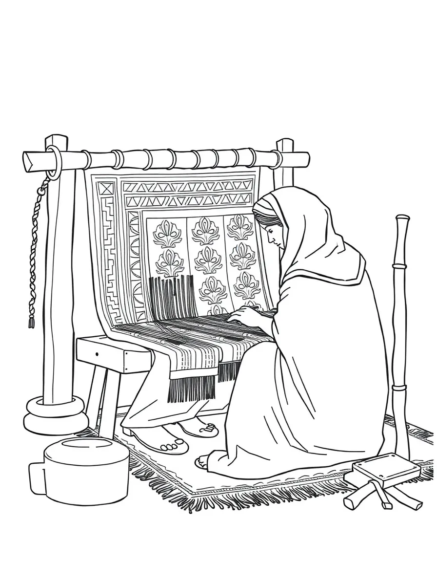 (Egypt) Weavers creating a colorful Egyptian carpet on a wooden loom.