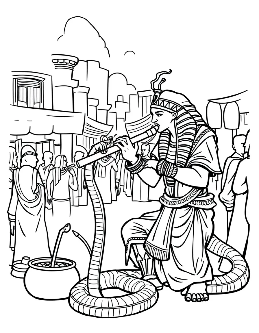 (Egypt) A performer charming a cobra with a flute in a busy market square.