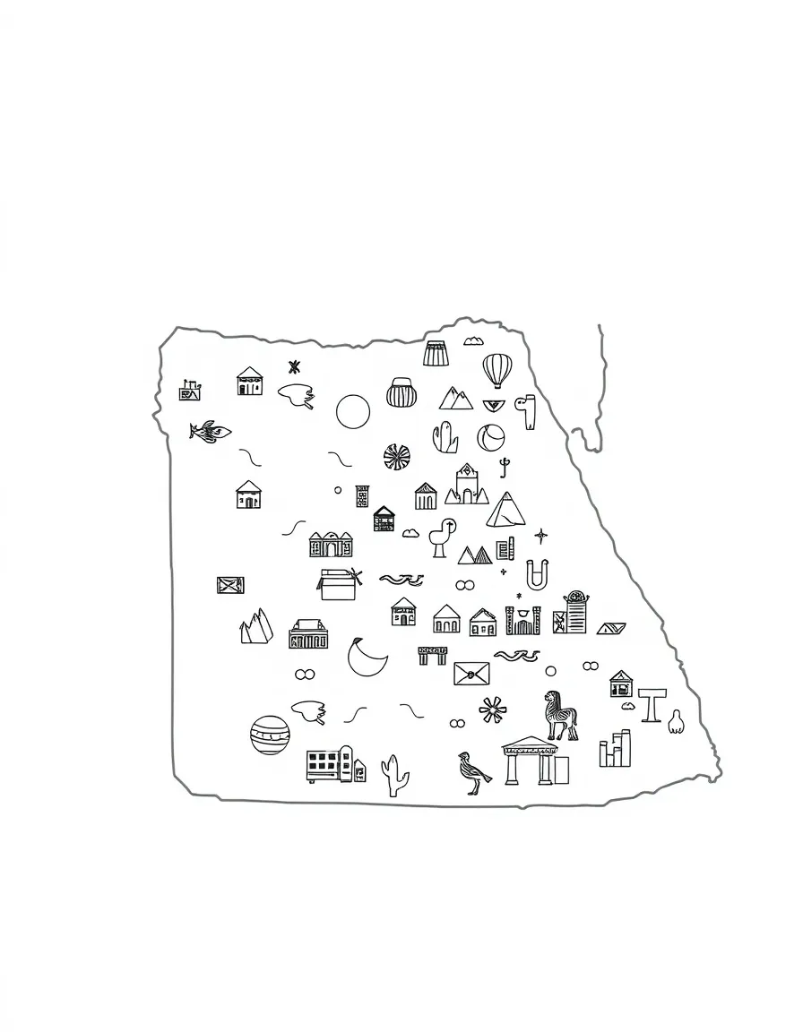 (Egypt) An outline map of Egypt filled with tiny drawings of pyramids, the Nile, and other famous symbols.