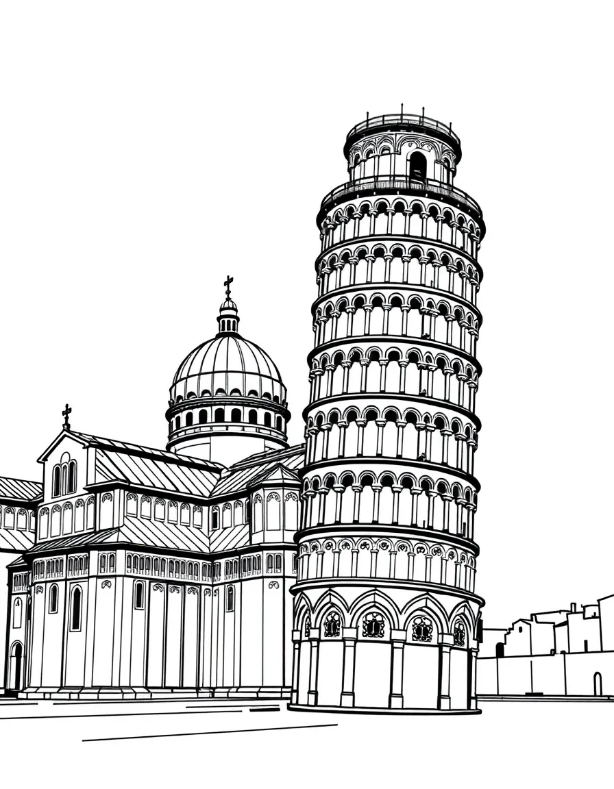 (Italy) The Leaning Tower of Pisa tilting to one side next to a medieval cathedral.