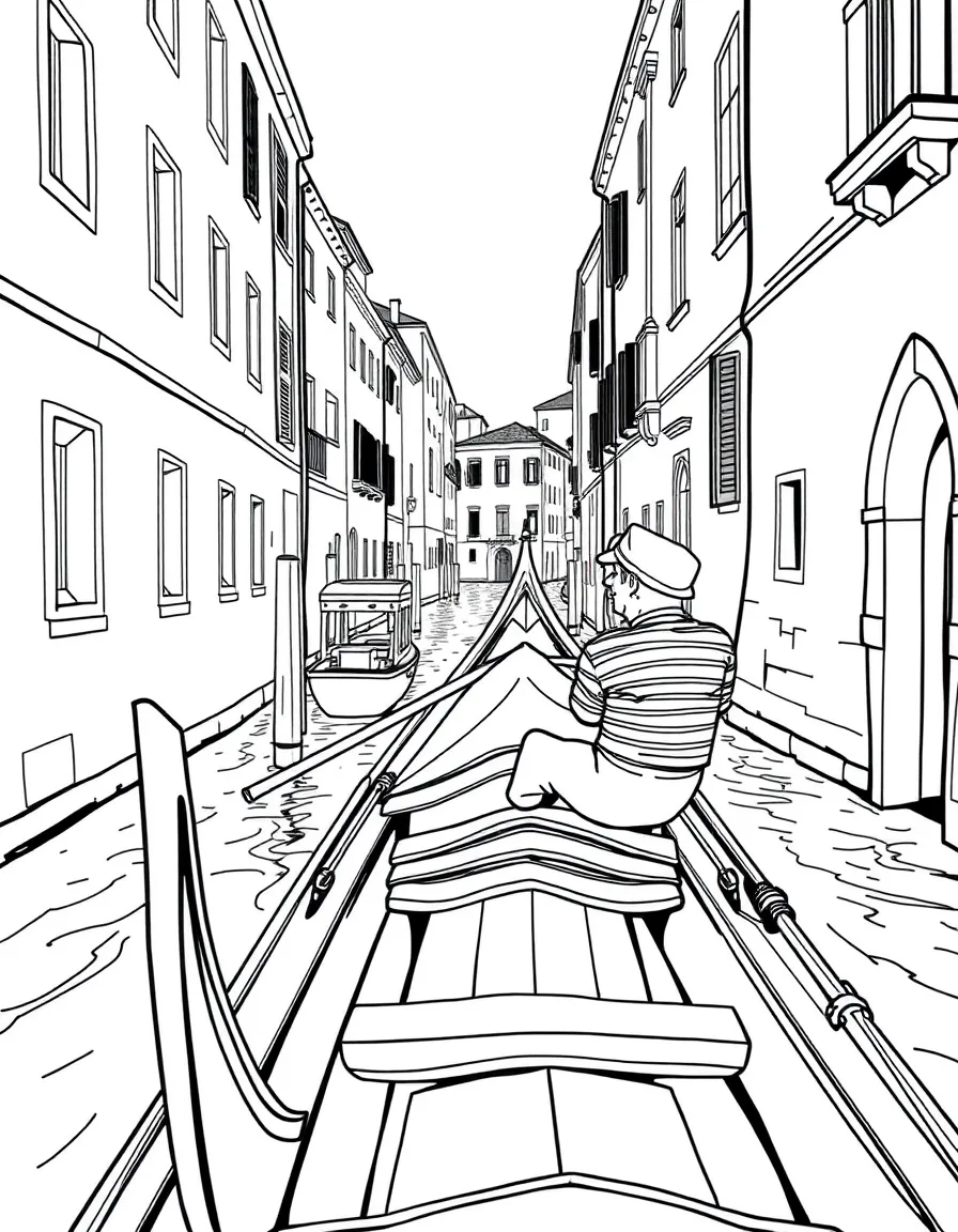 (Italy) A gondola boat sailing along a canal in Venice with a gondolier in a striped shirt.