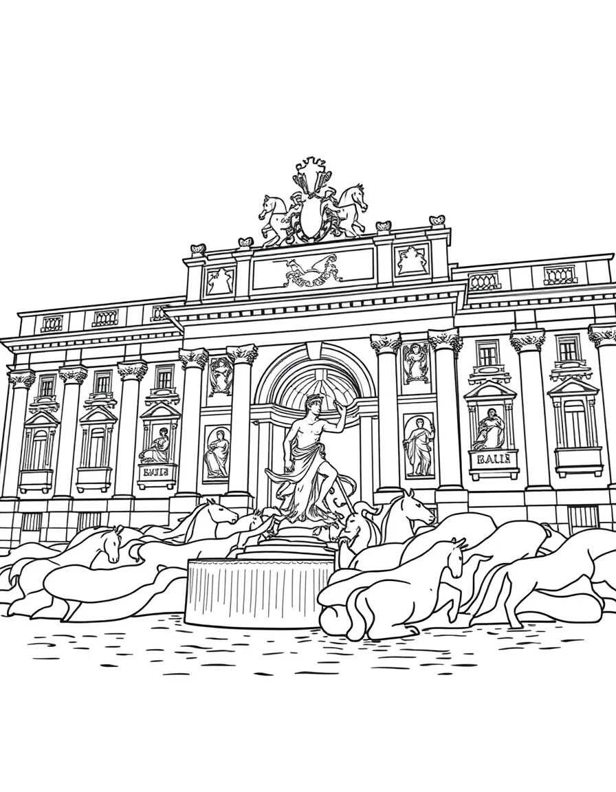 (Italy) The Trevi Fountain in Rome with water splashing and statues of a sea god and horses.