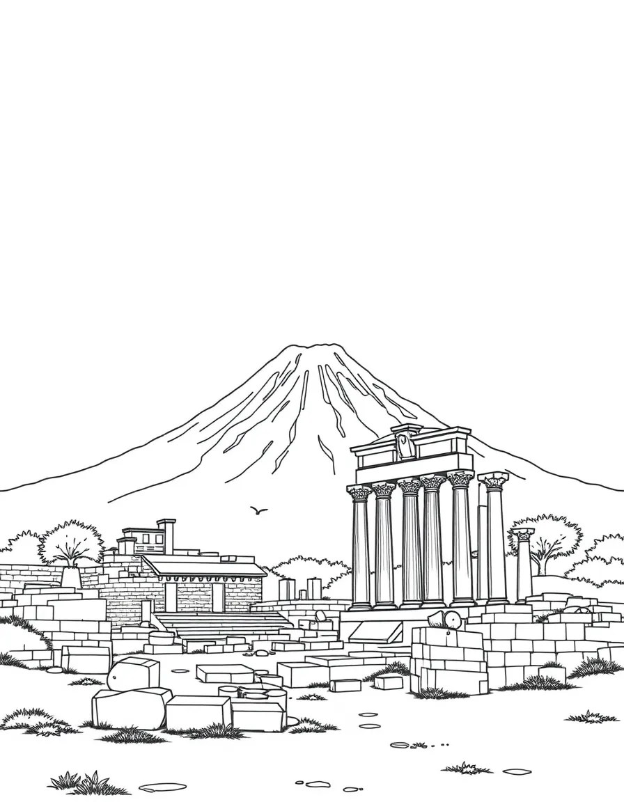 (Italy) The ancient ruins of Pompeii with Mount Vesuvius towering in the background.
