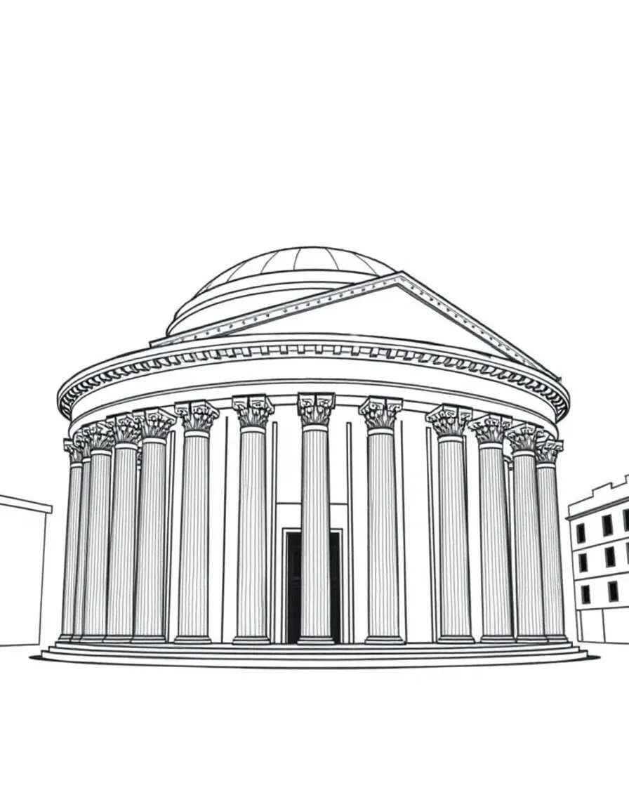 (Italy) The Pantheon in Rome with its tall columns and a round dome that has a big open hole at the top.