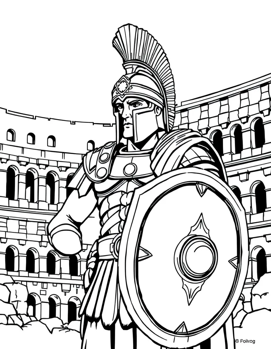 (Italy) A brave Roman gladiator wearing armor and a helmet, holding a shield in the Colosseum.
