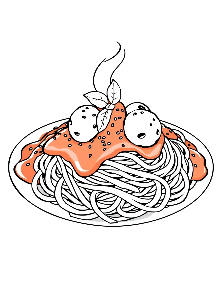 (Italy) A big plate of spaghetti pasta with tomato sauce and meatballs on it.