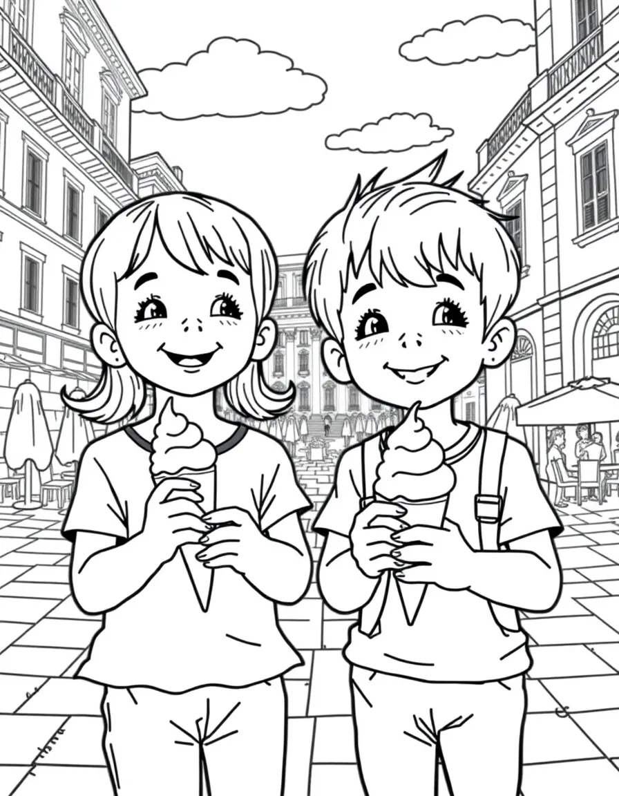 (Italy) Two children happily eating gelato ice cream cones in a sunny Italian piazza.