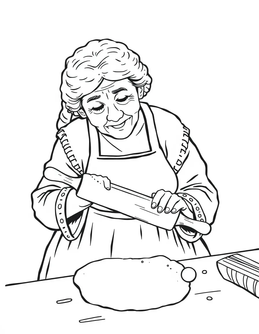 (Italy) An Italian grandmother (Nonna) rolling out fresh pasta dough with a wooden rolling pin.