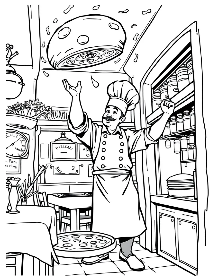 (Italy) A chef tossing a spinning pizza dough high in the air at a pizzeria.