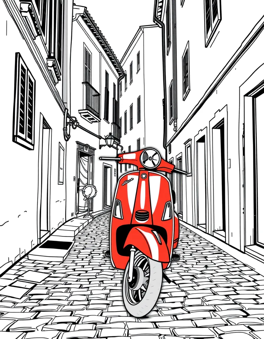 (Italy) A bright red Vespa scooter parked on a narrow cobblestone street with old buildings.