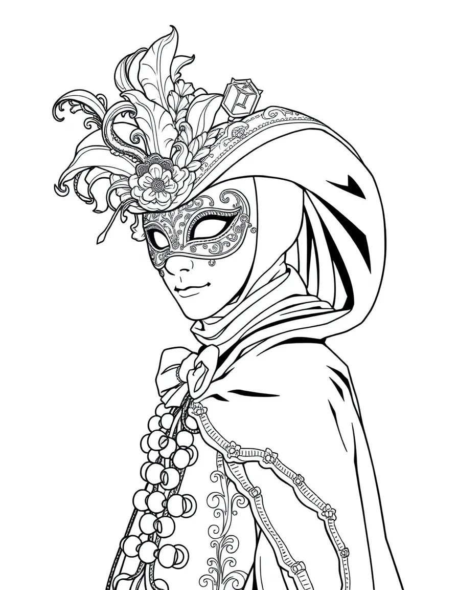 (Italy) A person dressed in a fancy Venetian Carnival costume with a decorative mask and cape.