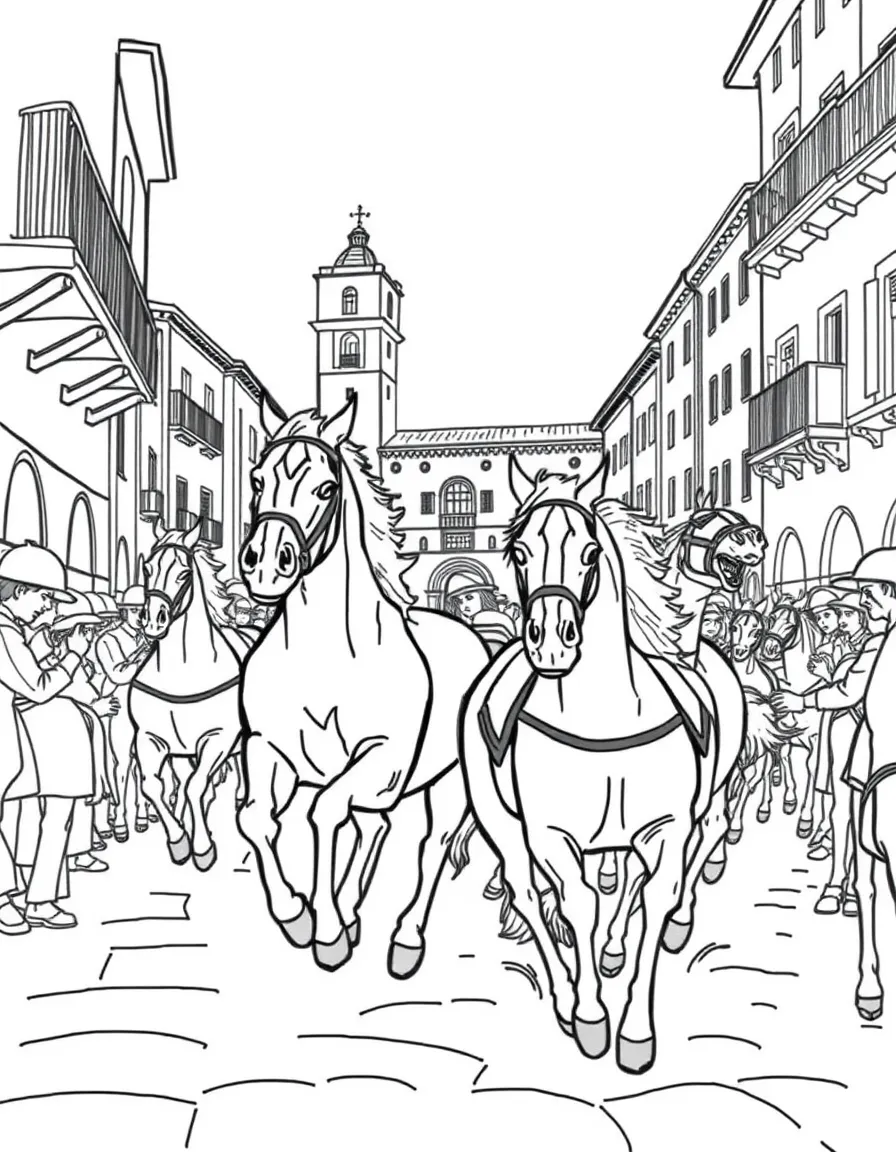 (Italy) Horses racing around the town square in Siena during the colorful Palio horse race.