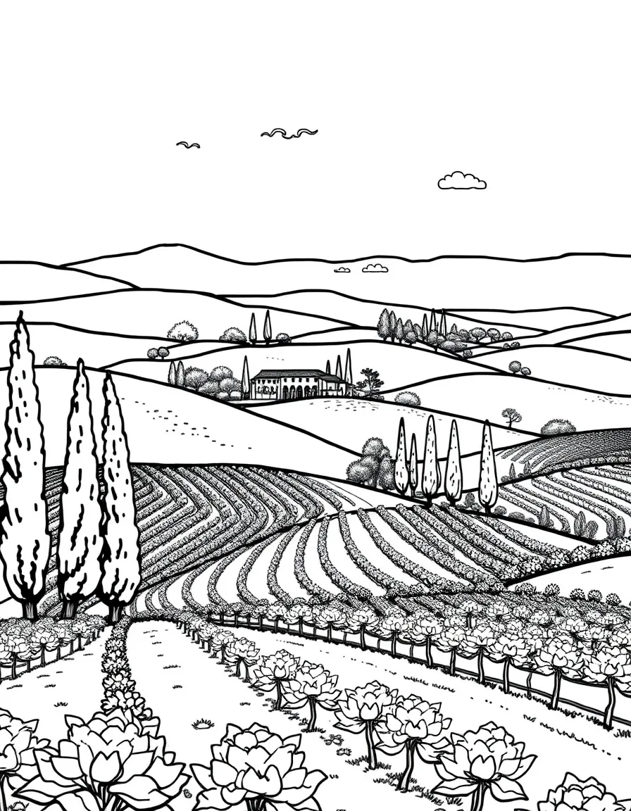 (Italy) A scenic Tuscan countryside with rolling hills, vineyards, and tall cypress trees.