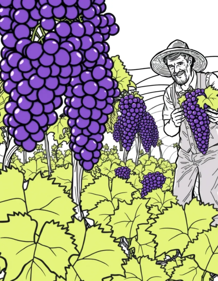 (Italy) Farmers harvesting bunches of purple grapes in a sunny vineyard.
