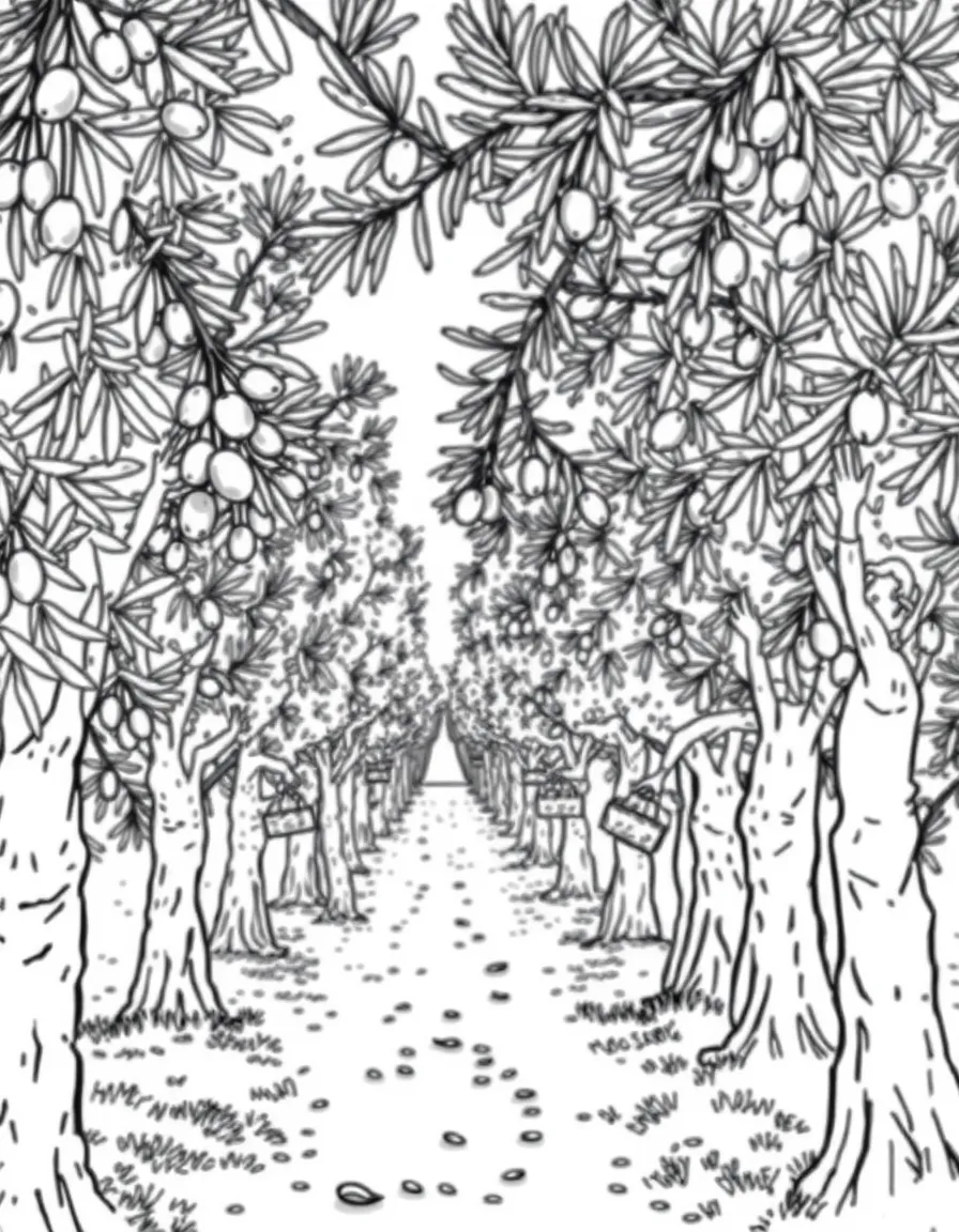 (Italy) An olive orchard with workers up in the trees picking olives.