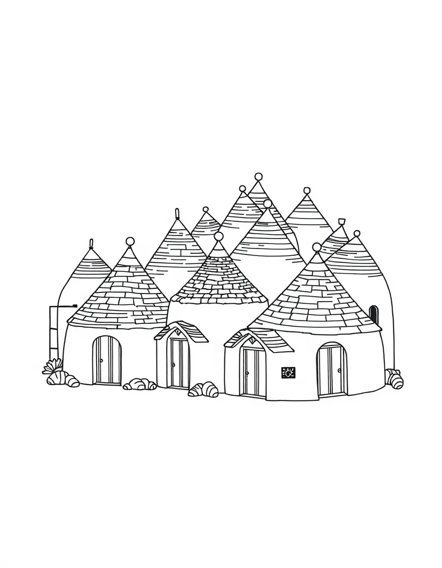 (Italy) A cluster of trulli houses in Alberobello with round white walls and cone-shaped gray roofs.