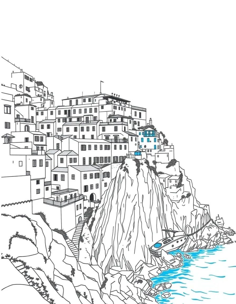 (Italy) The bright, cliffside houses of Cinque Terre overlooking the blue sea.