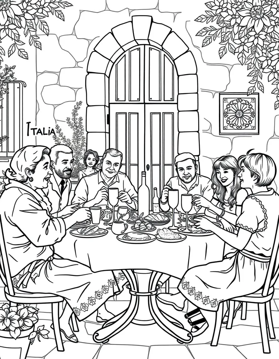 (Italy) A big Italian family gathered around a table outdoors, enjoying a delicious meal together.
