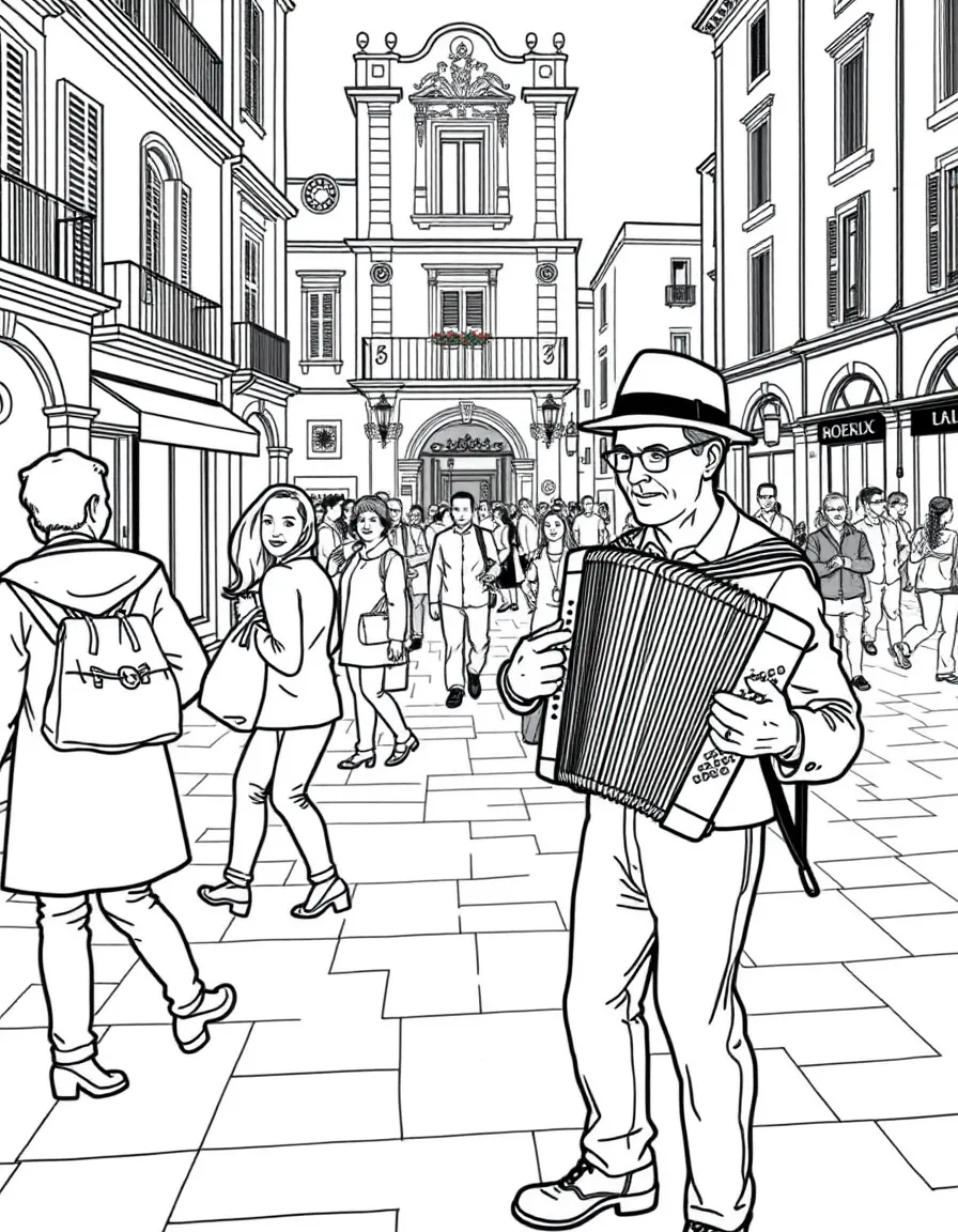 (Italy) A street musician playing an accordion in an Italian piazza for people passing by.