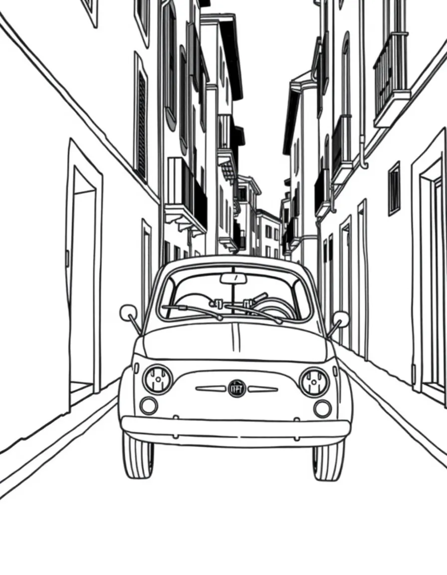 (Italy) A tiny vintage Fiat 500 car driving down a narrow street lined with buildings.