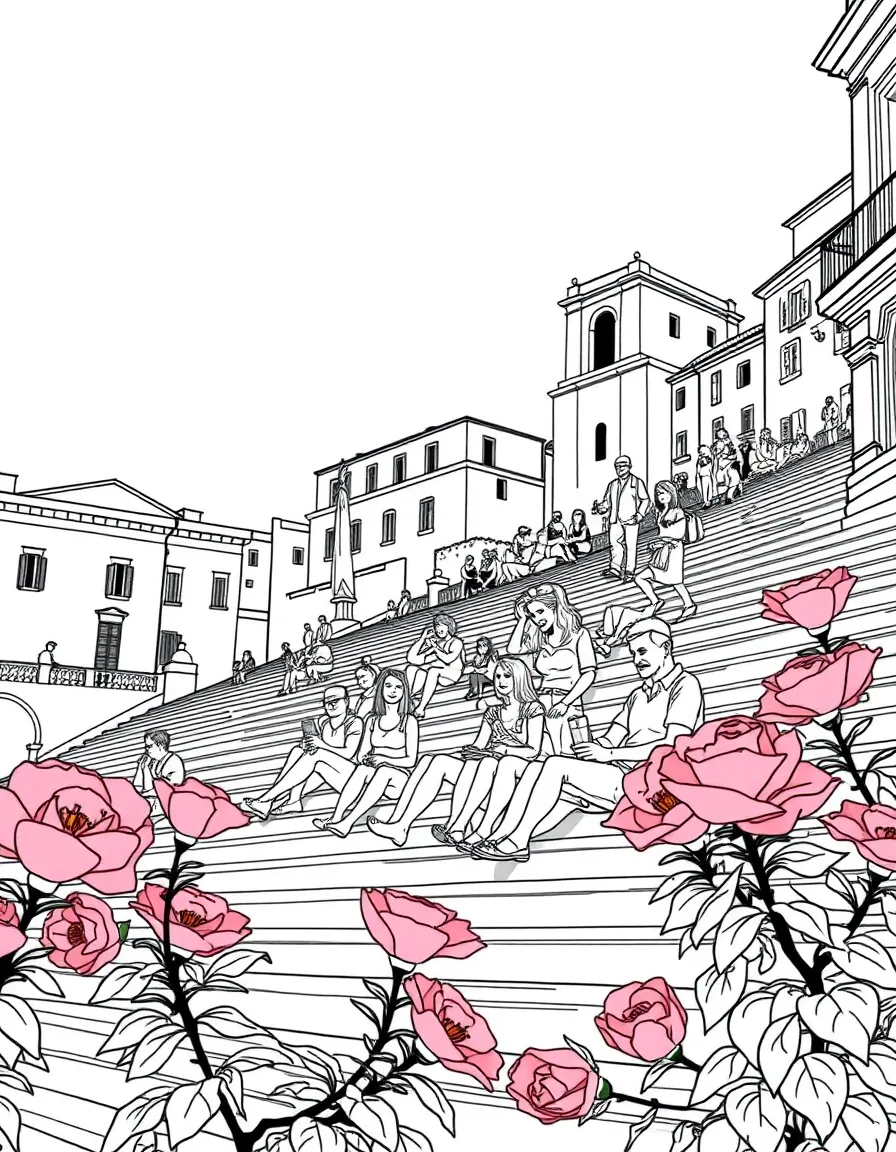 (Italy) People relaxing on the Spanish Steps in Rome with pink flowers blooming around.