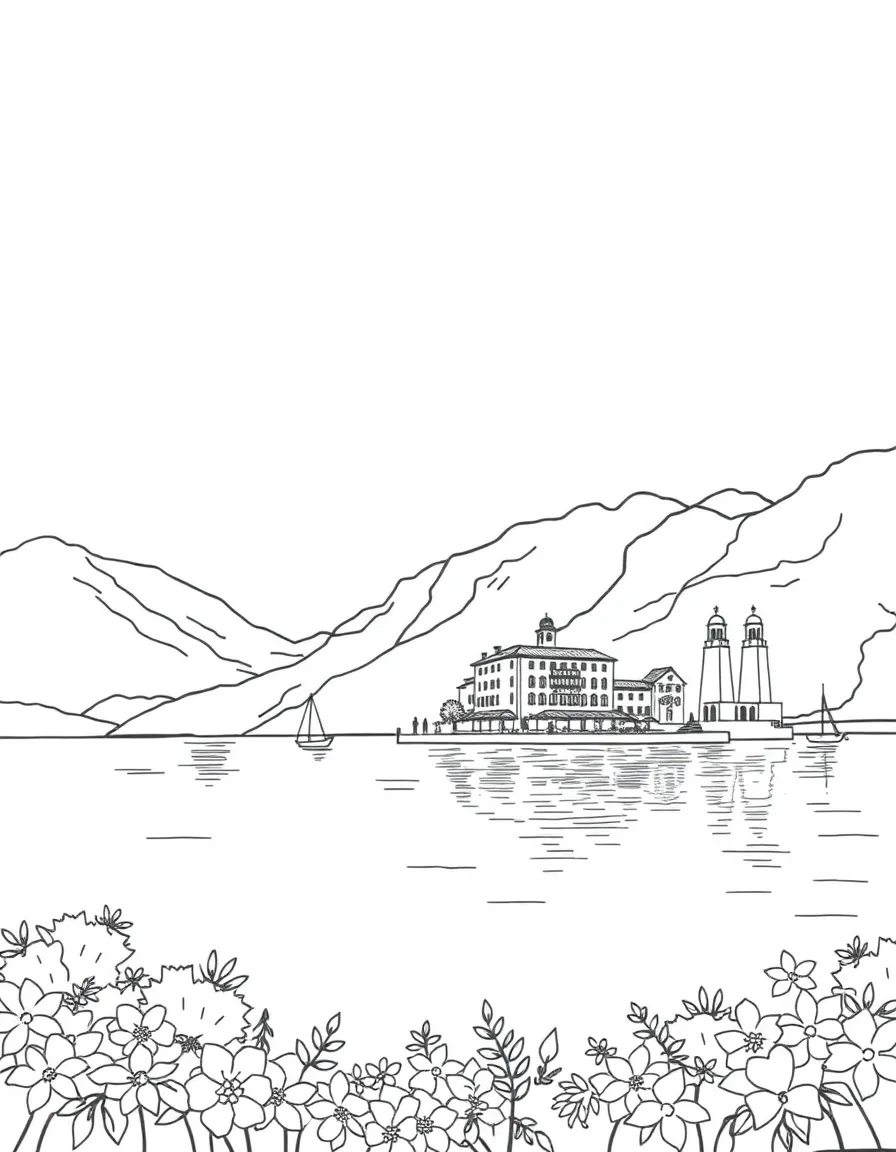 (Italy) A peaceful scene at Lake Como with a villa by the water and mountains in the background.