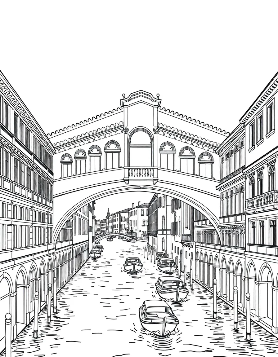 (Italy) The Rialto Bridge in Venice arching over the Grand Canal with boats passing underneath.