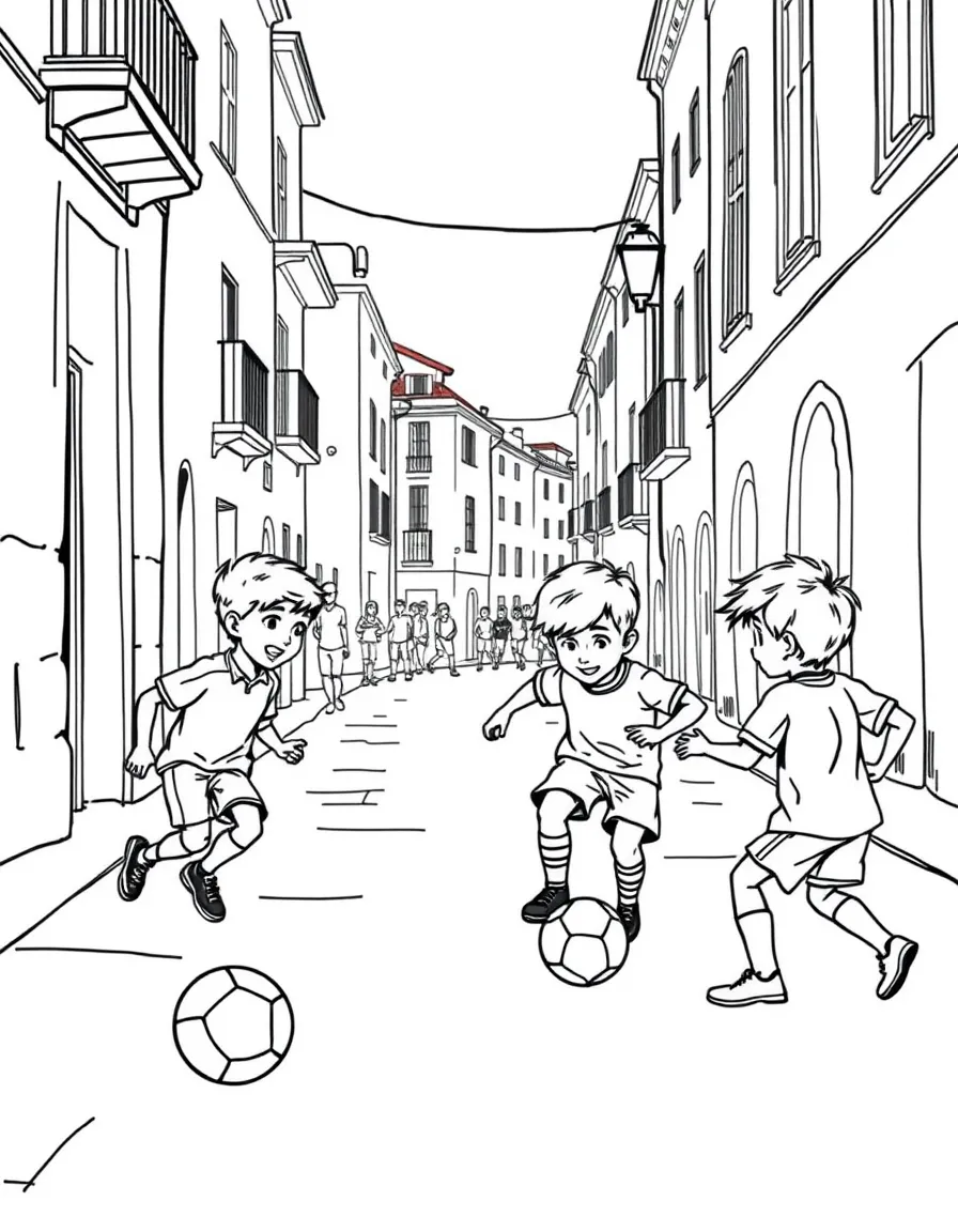 (Italy) A group of children playing soccer (calcio) in a street, pretending to be famous players.