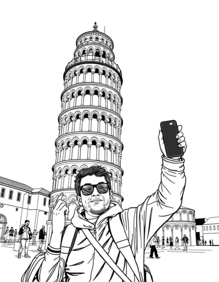 (Italy) A tourist pretending to hold up the Leaning Tower of Pisa in a funny photo pose.