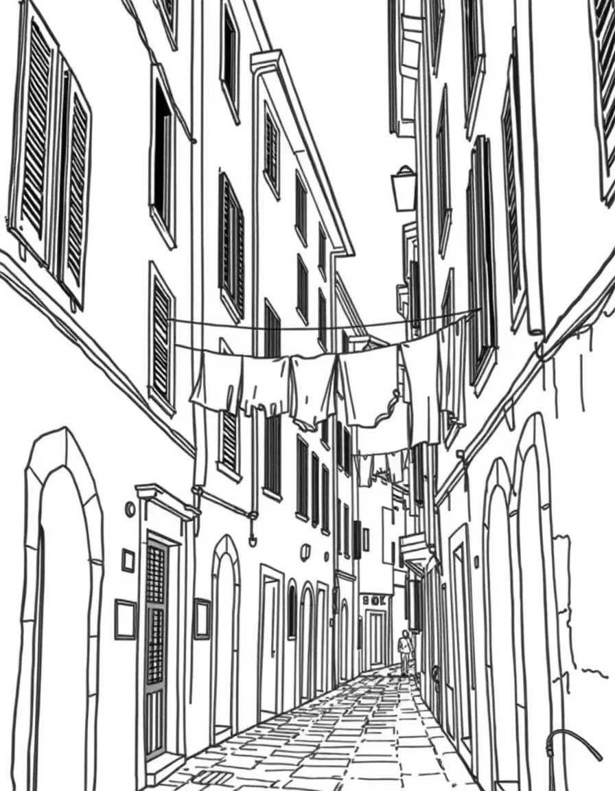 (Italy) A narrow alley in an Italian town with laundry hanging on lines between the buildings.