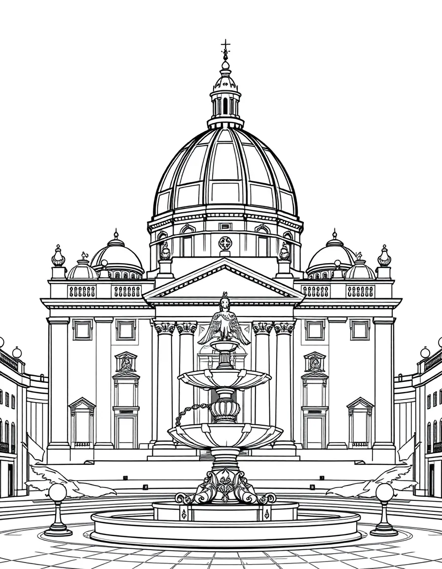(Italy) St. Peter’s Basilica in Vatican City with its big dome and fountain in the front.