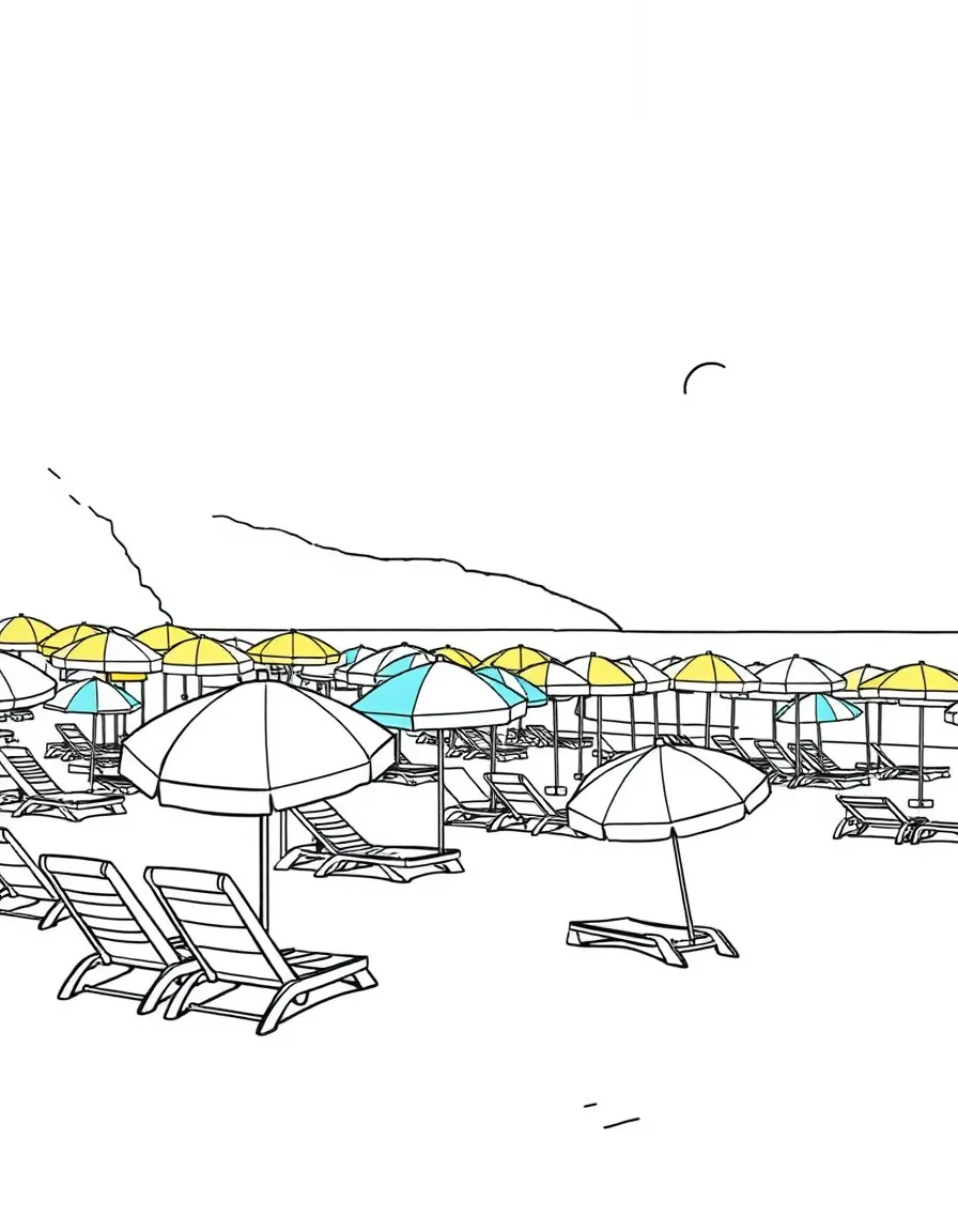 (Italy) A sunny Mediterranean beach with colorful umbrellas and beach chairs on the sand.