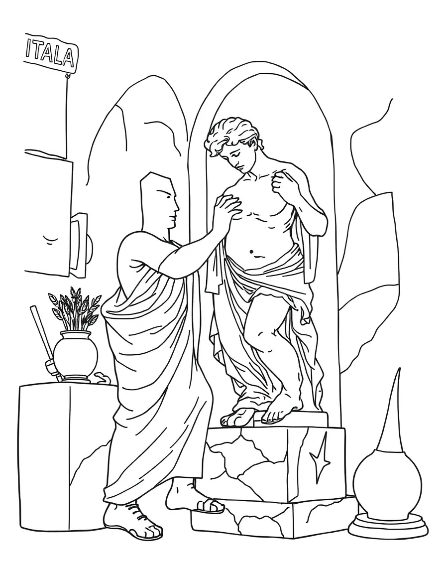 (Italy) A sculptor carving a marble statue in his art studio, like artists did in the Renaissance.