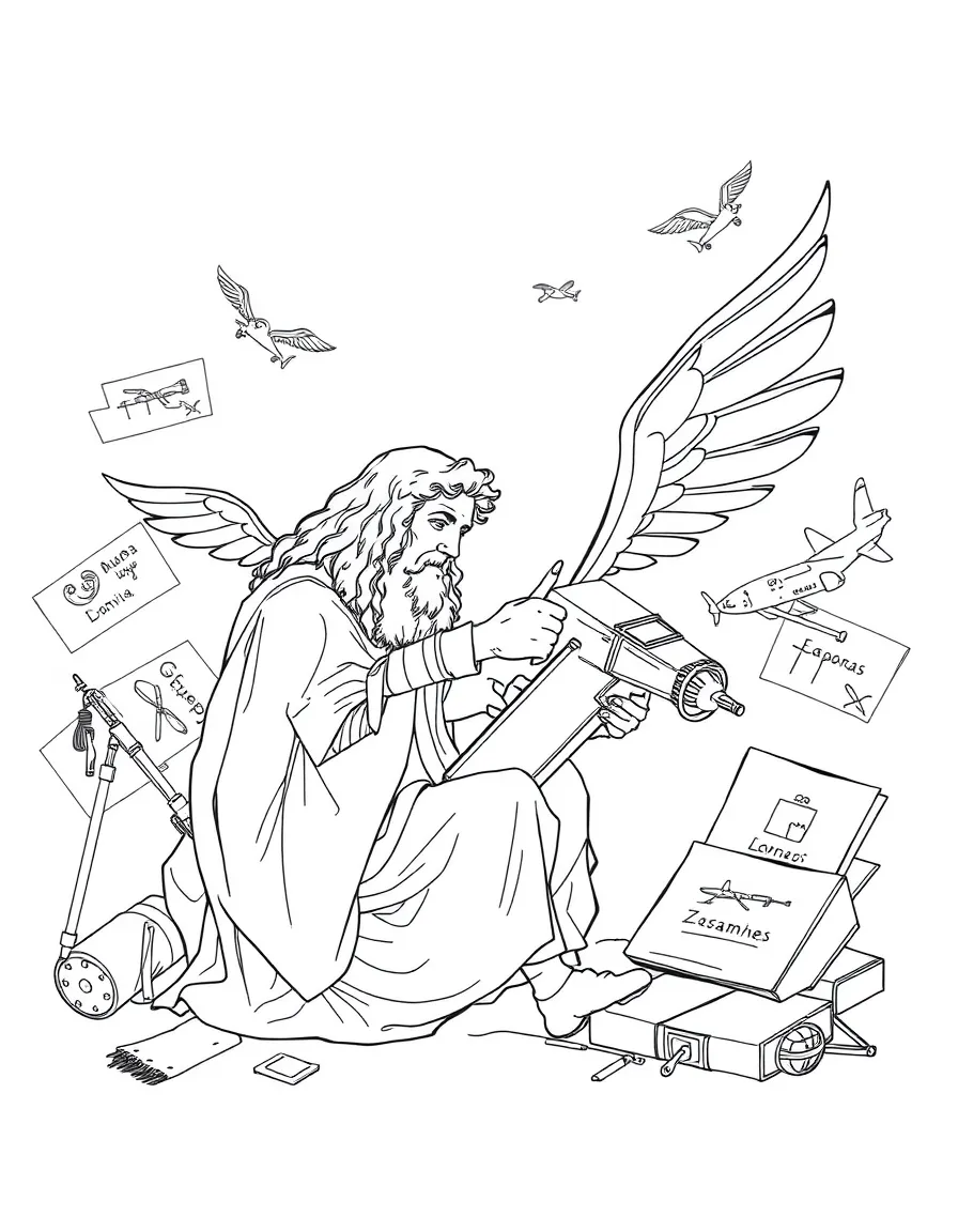 (Italy) Leonardo da Vinci sketching a flying machine with wings, surrounded by his other inventive drawings.