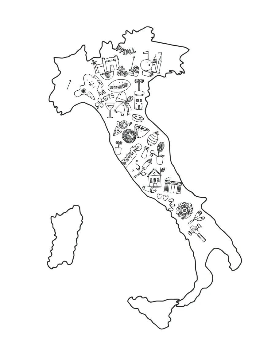 (Italy) An outline map of Italy shaped like a boot, filled with tiny drawings of its famous foods and landmarks.