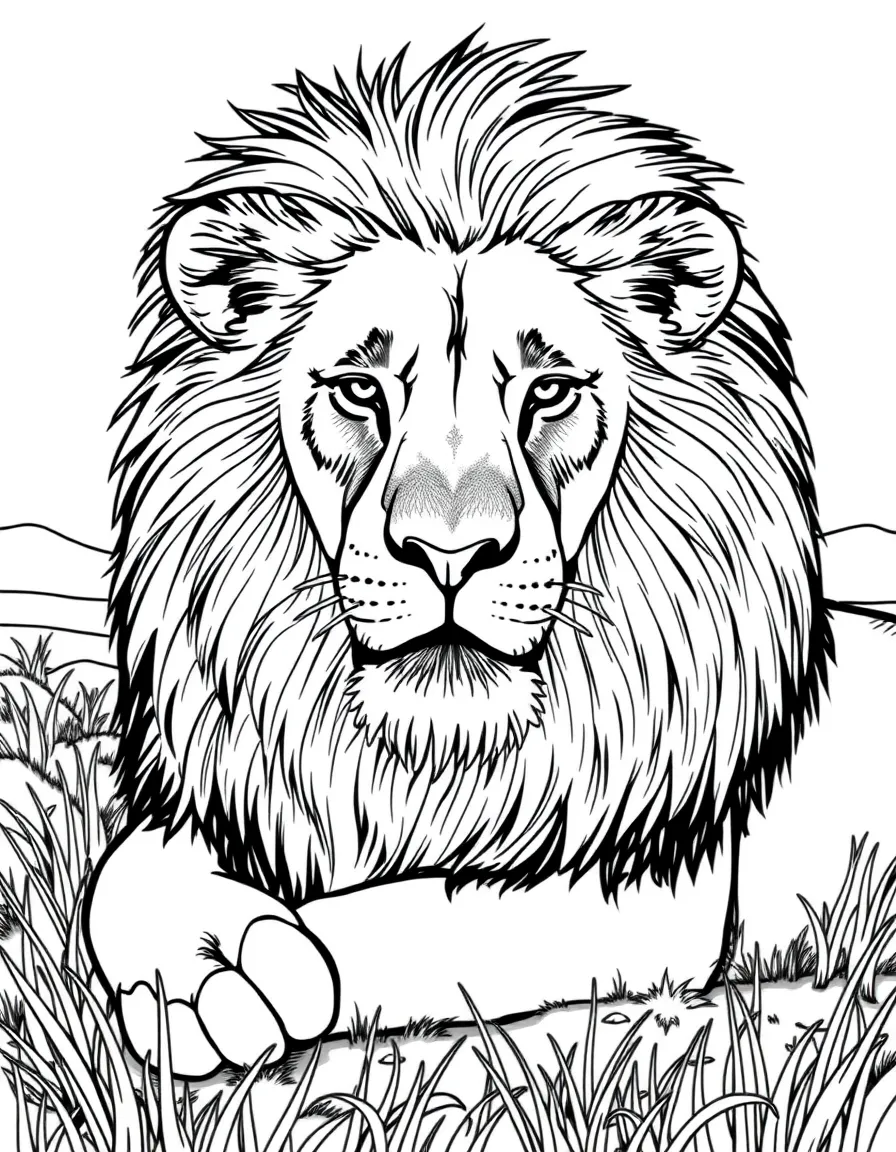 (South Africa) A mighty lion with a fluffy mane resting on the African savanna.