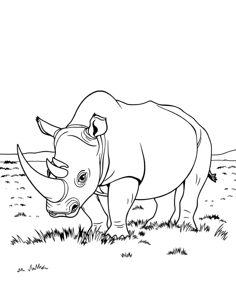 (South Africa) A big rhinoceros grazing on grass out on the open plain.