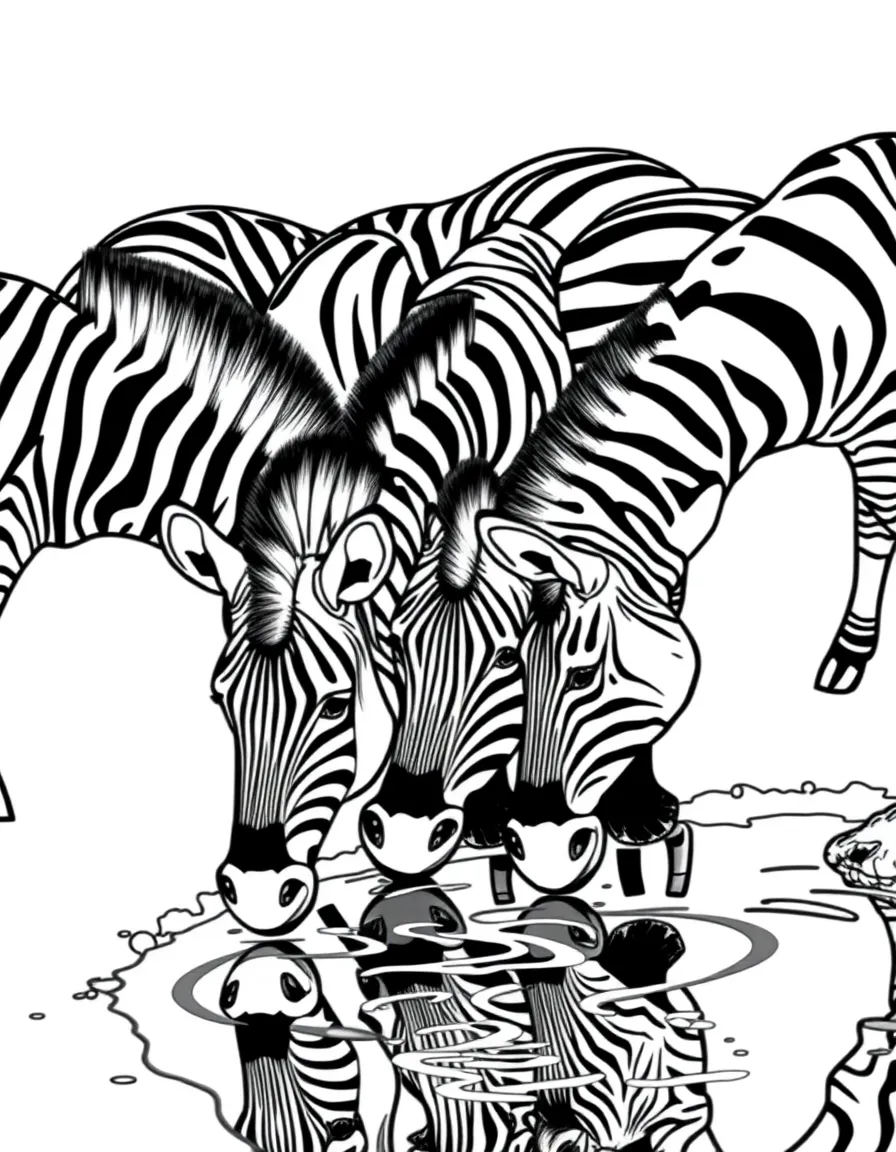 (South Africa) A herd of zebras with black-and-white stripes drinking at a waterhole.