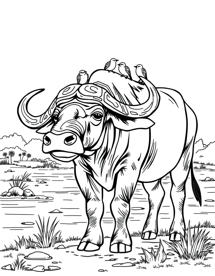 (South Africa) A strong African buffalo standing by the river with small birds on its back.