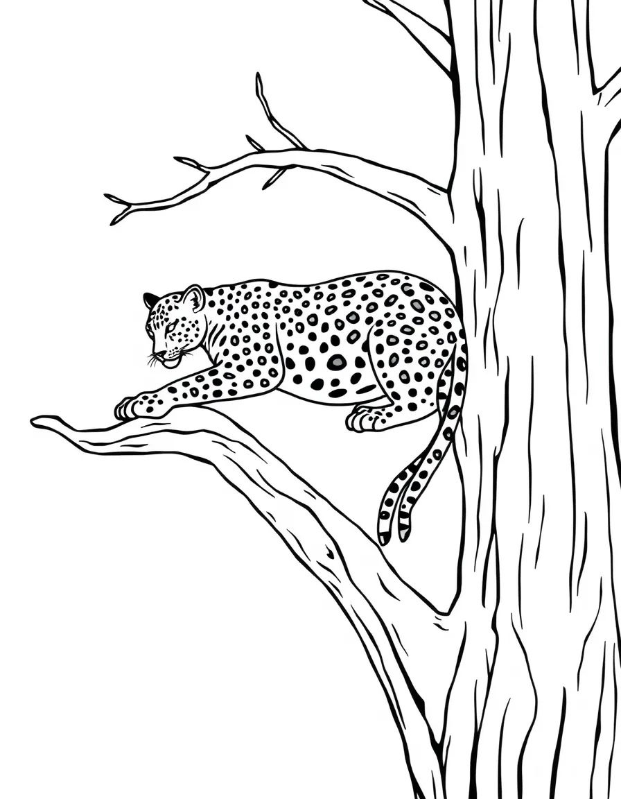 (South Africa) A spotted leopard lounging on the branch of a tall tree.