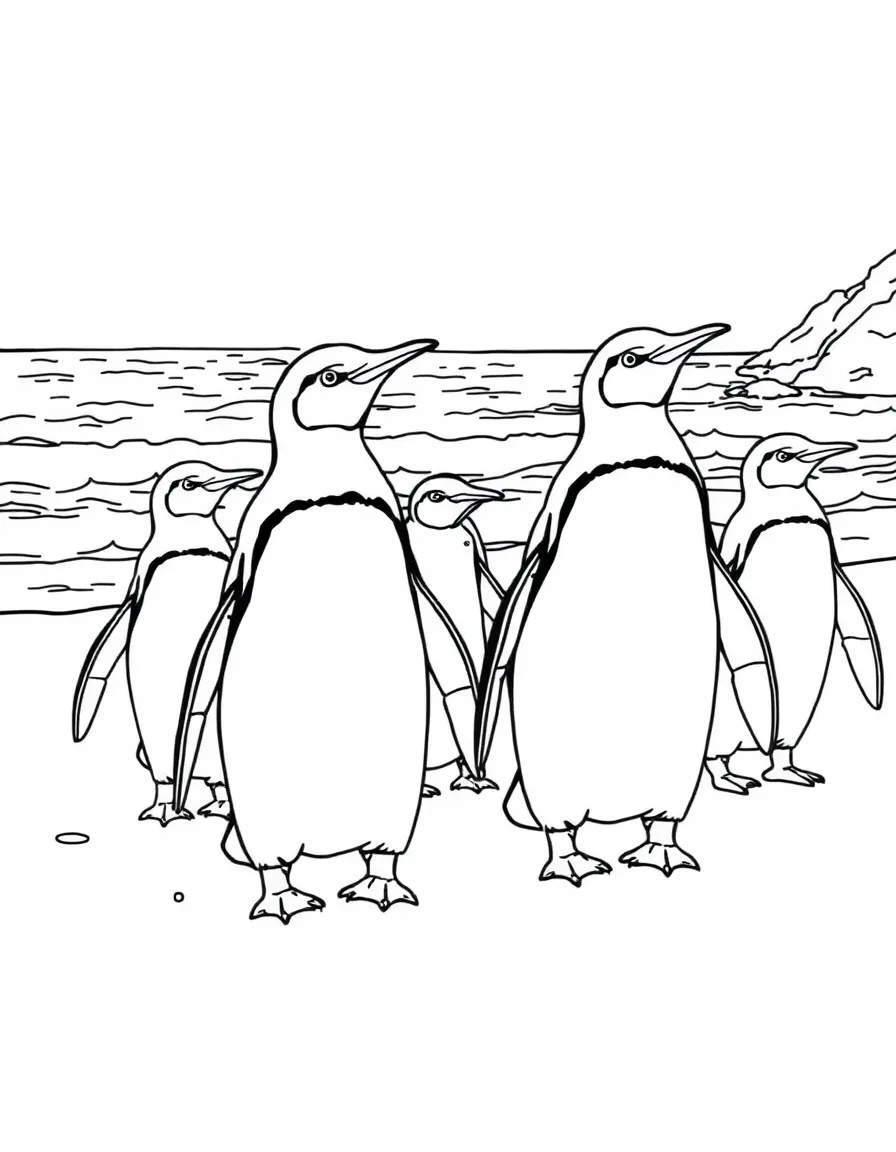 (South Africa) A group of African penguins waddling on a sandy beach by the ocean.