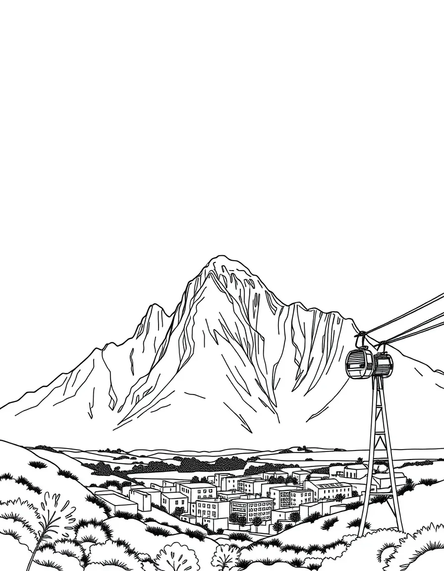 (South Africa) Table Mountain in Cape Town, flat on top, with a cable car and the city below.