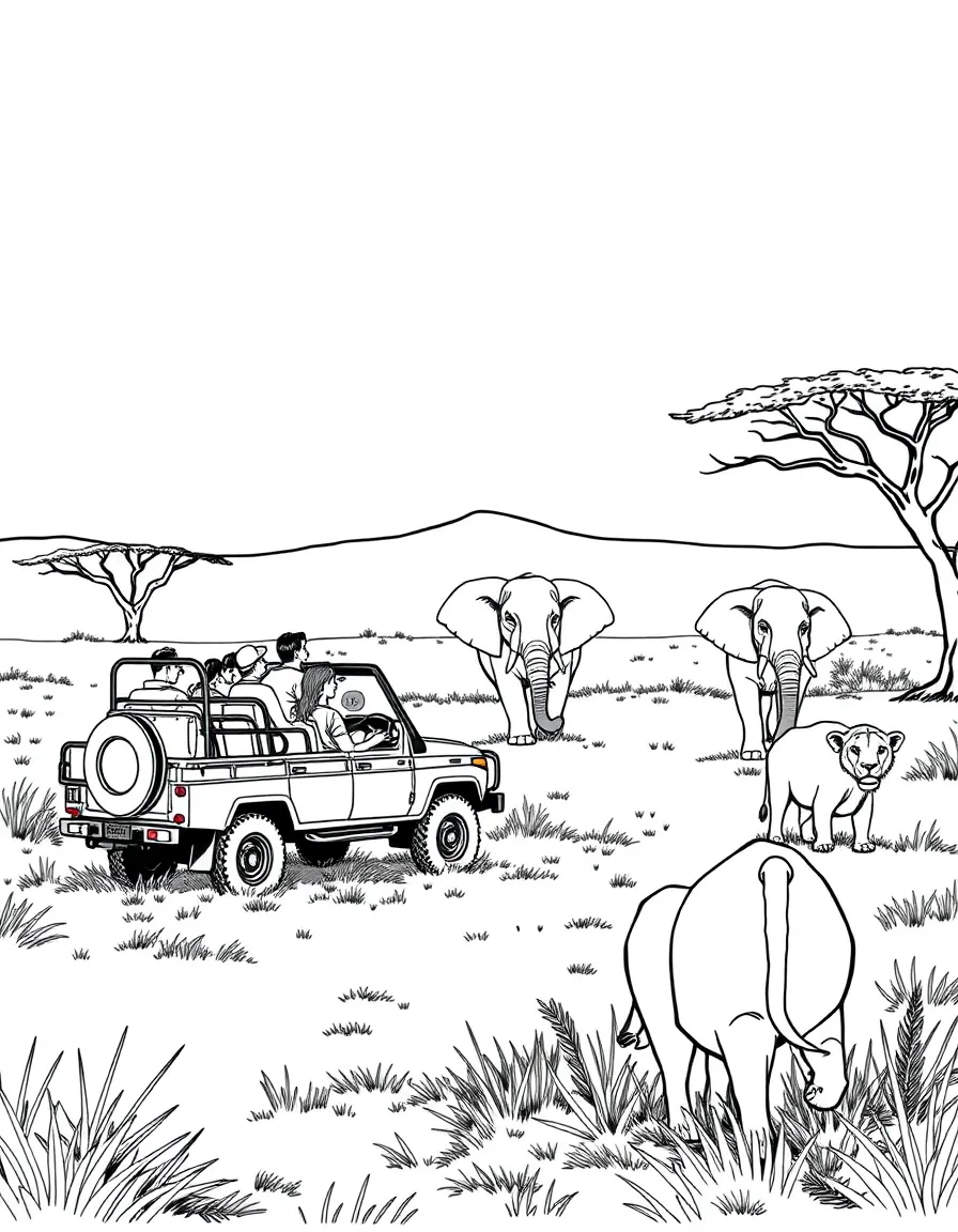 (South Africa) A safari jeep full of tourists watching elephants and lions on the savanna.