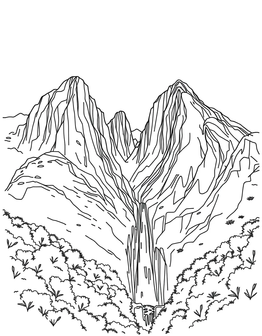 (South Africa) The Drakensberg Mountains with tall green cliffs and a waterfall flowing down.