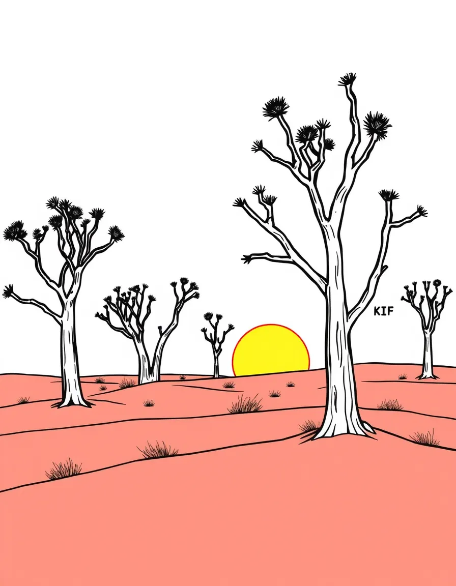 (South Africa) The red sands of the Kalahari Desert with odd-shaped quiver trees at sunset.