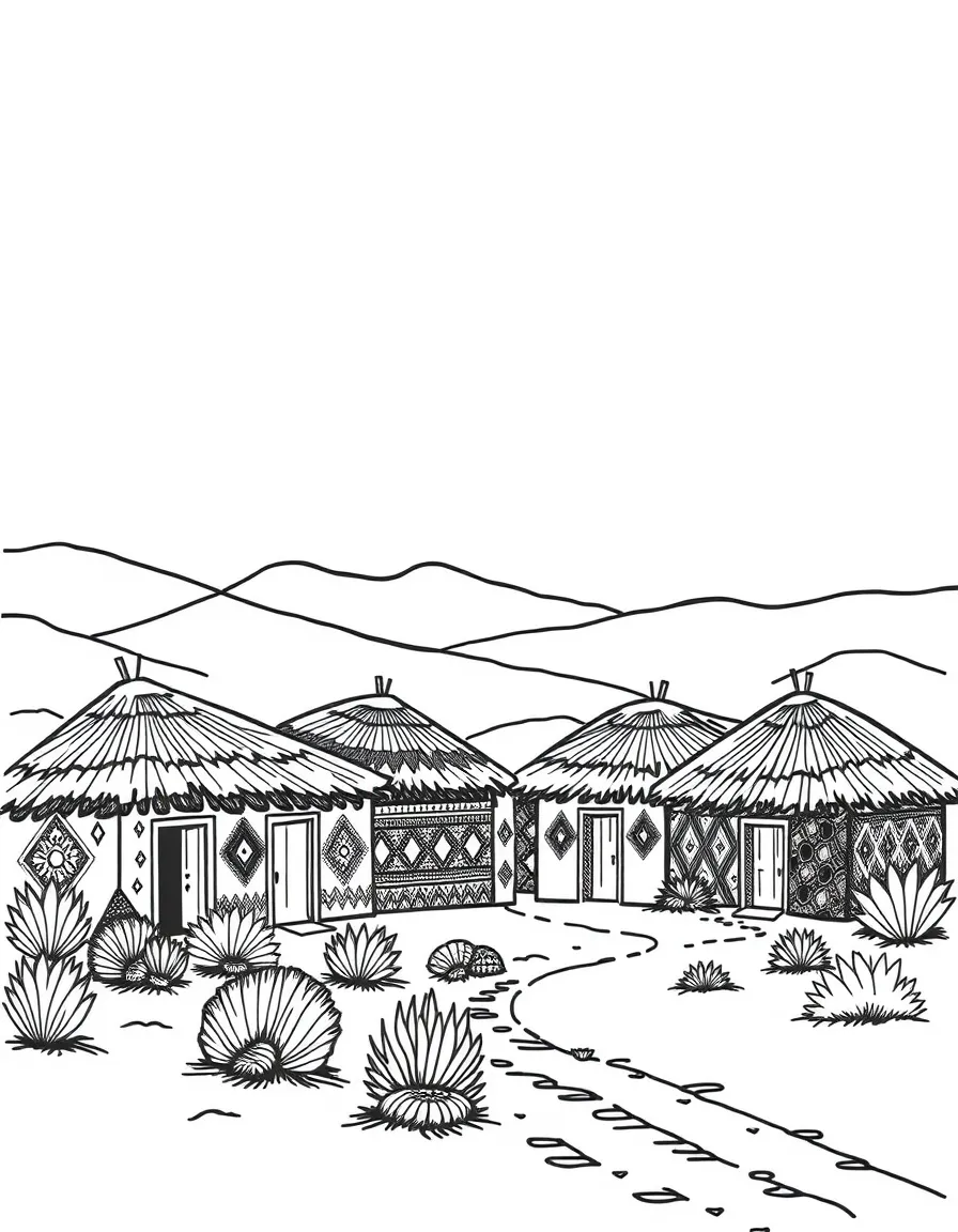 (South Africa) A village of Ndebele houses painted with bright geometric patterns.