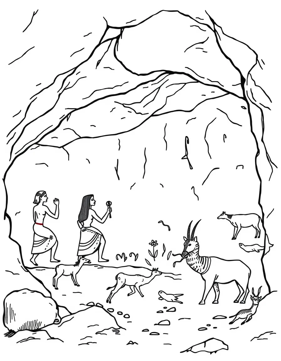 (South Africa) Ancient San rock paintings on a cave wall showing people and animals.