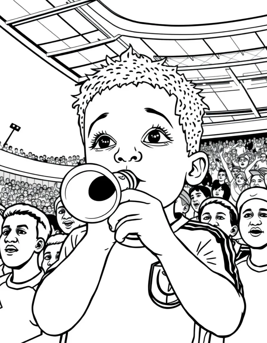 (South Africa) A child blowing a loud vuvuzela horn at a South African soccer match.