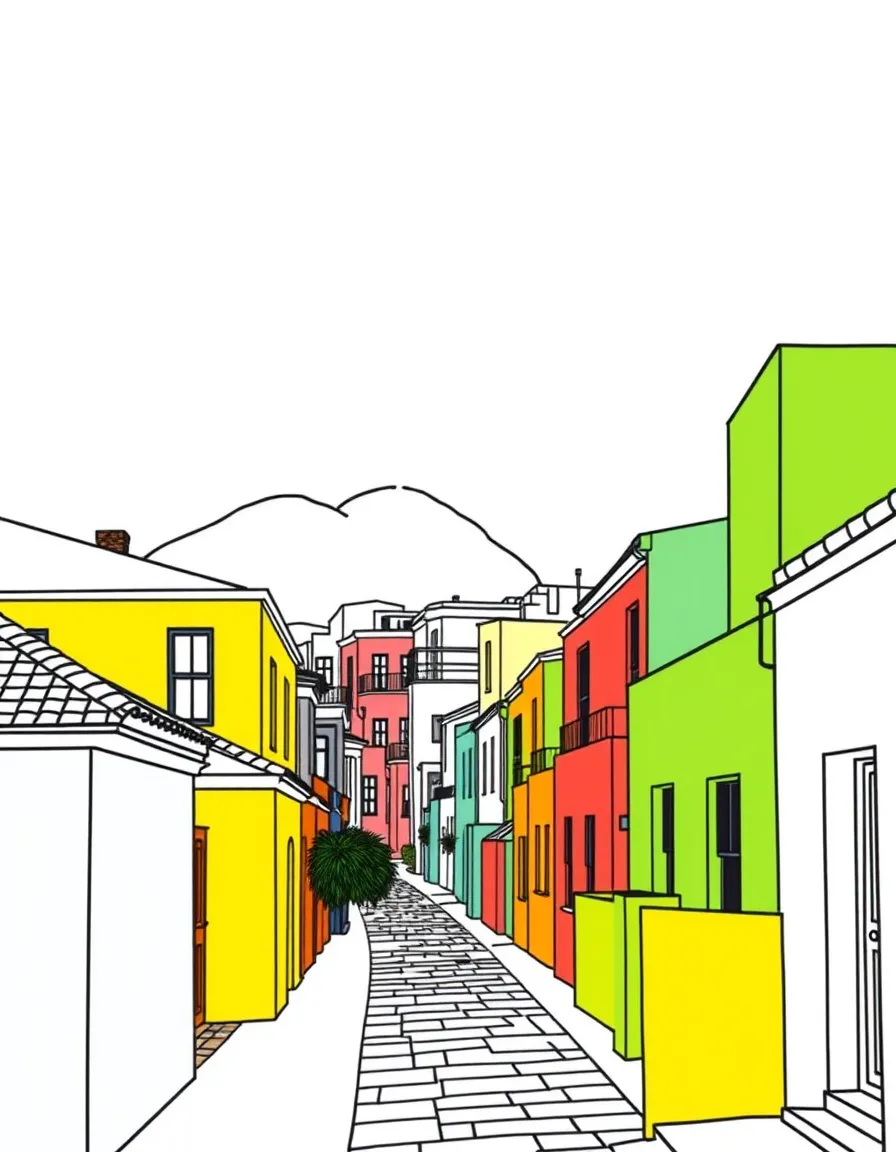 (South Africa) The Bo-Kaap neighborhood in Cape Town with rows of houses painted in bright colors.