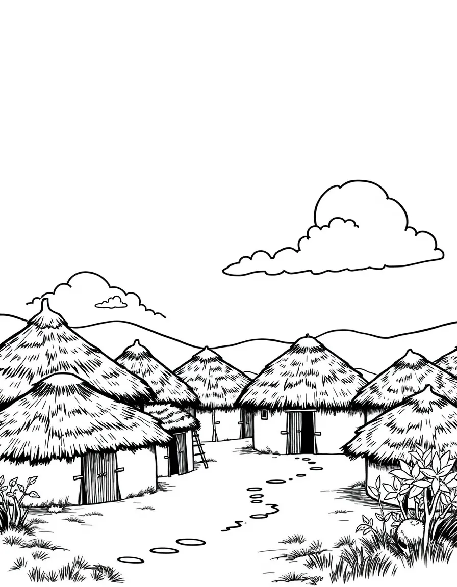 (South Africa) A traditional Zulu village with round thatched huts under a big blue sky.